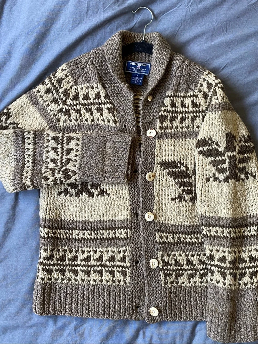 Polo by Ralph Lauren Cream and Brown Fair Isle Shawl Collar Cardigan